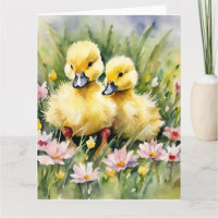 Canetons à l'aquarelle dans une prairie de fleurs