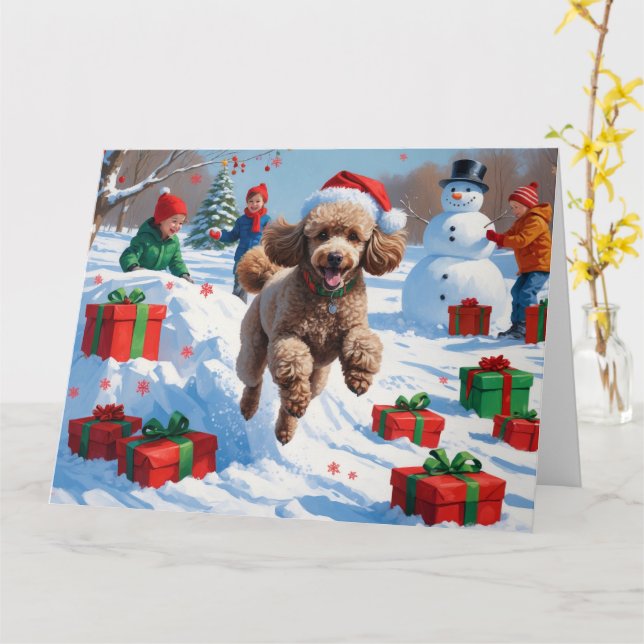 Carte Caniche courant dans la neige avec un chapeau de N (Fleur jaune)