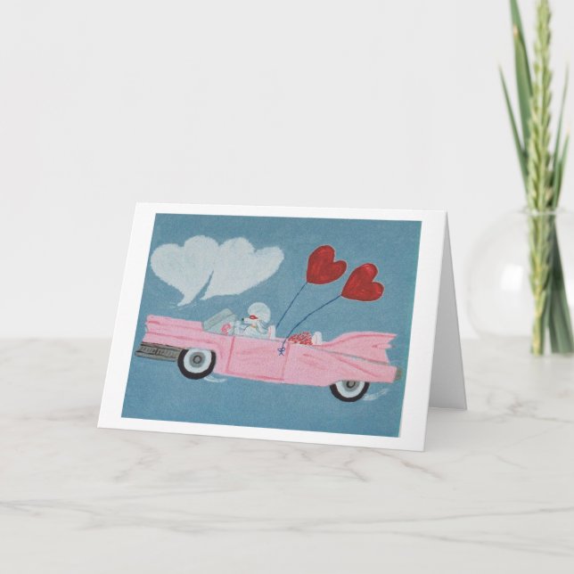 Carte Caniche dans une décapotable rose (Devant)