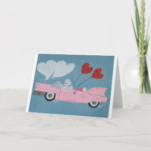 Carte Caniche dans une décapotable rose