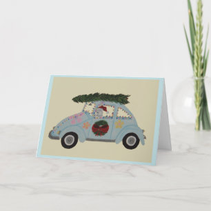 Carte Caniche dans une voiture hippie à Noël