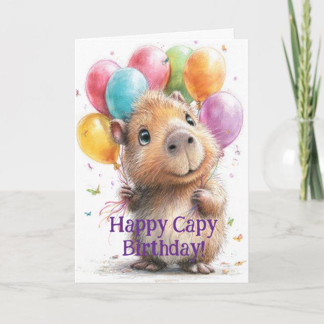Carte Capybara Birthday Card • Cute Balloon Design (Devant)