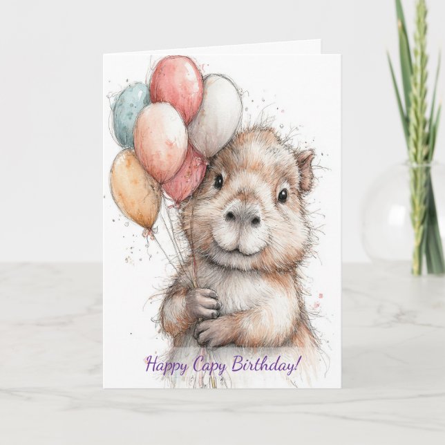 Carte Capybara Birthday Card • Cute Balloon Design (Devant)
