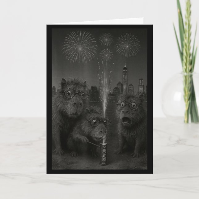 Carte Capybara drôle Feux d'artifice Bonne année  (Devant)