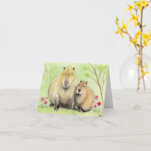Carte Capybara Mère et Bébé (Fleur jaune)