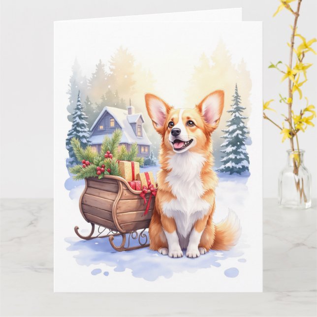 Carte Cardigan Welsh Corgi Festive Sleigh Christmas Art (Fleur jaune)