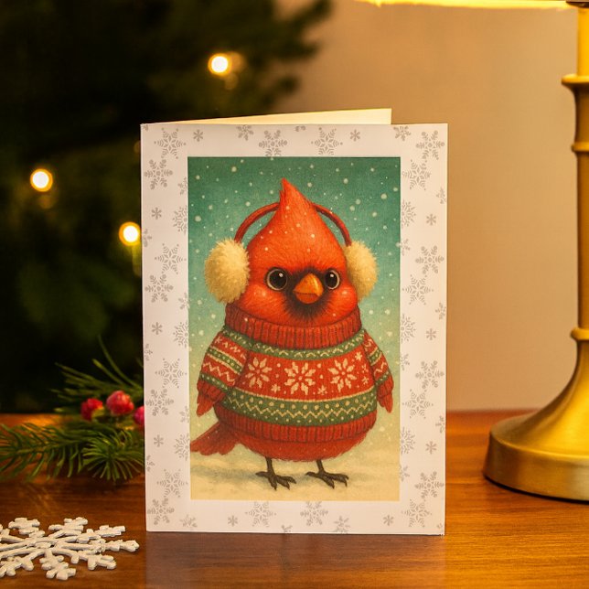 Carte Cardinal Capriceux en Cache-Oreilles de Noël  (Whimsical cardinal holiday card festive, cozy, and perfect for winter greetings or gifts.)