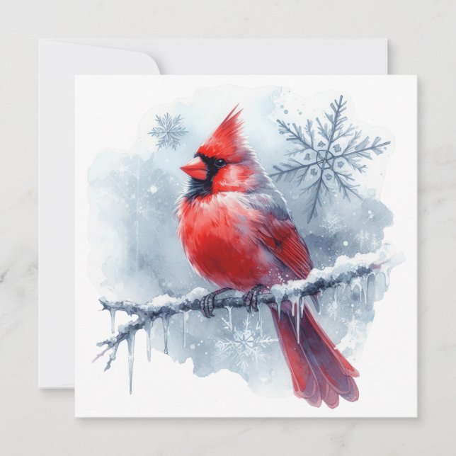 Carte Cardinal hivernal avec flocons de neige sur branch (Devant)