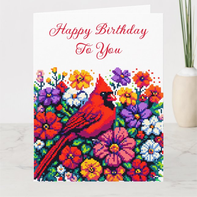 Carte Cardinal rouge et fleurs Anniversaire personnalisé (Devant)