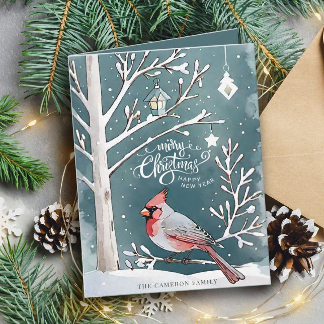 Carte Cardinal rouge moderne paysage d'hiver Noël (Modern Red Cardinal Winter Landscape Christmas Card)