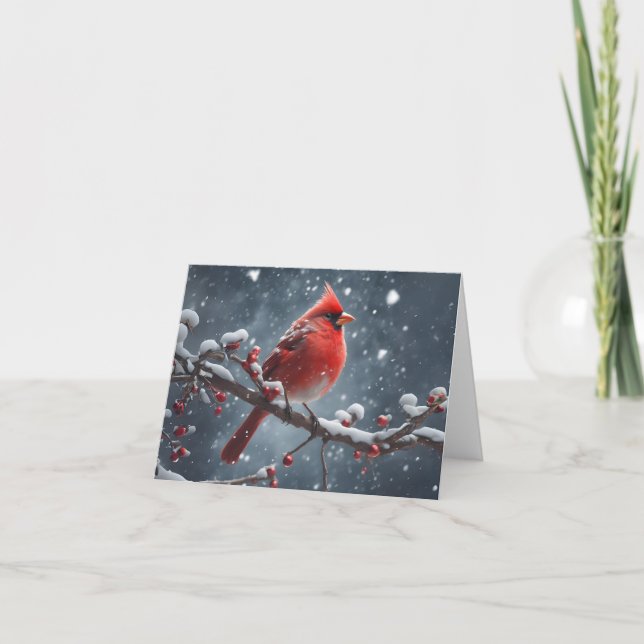 Carte Cardinal rouge sur Arbre Branche Neige Noel blanc (Devant)