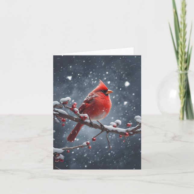Carte Cardinal rouge sur une branche d'arbre dans une ca (Devant)