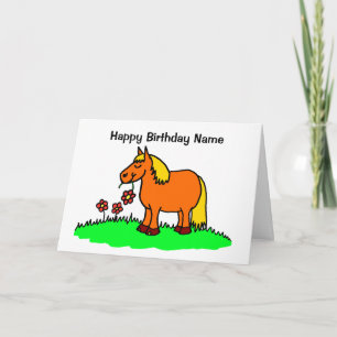 Carte Caricature à fleurs mignonne Pony Munching Anniver