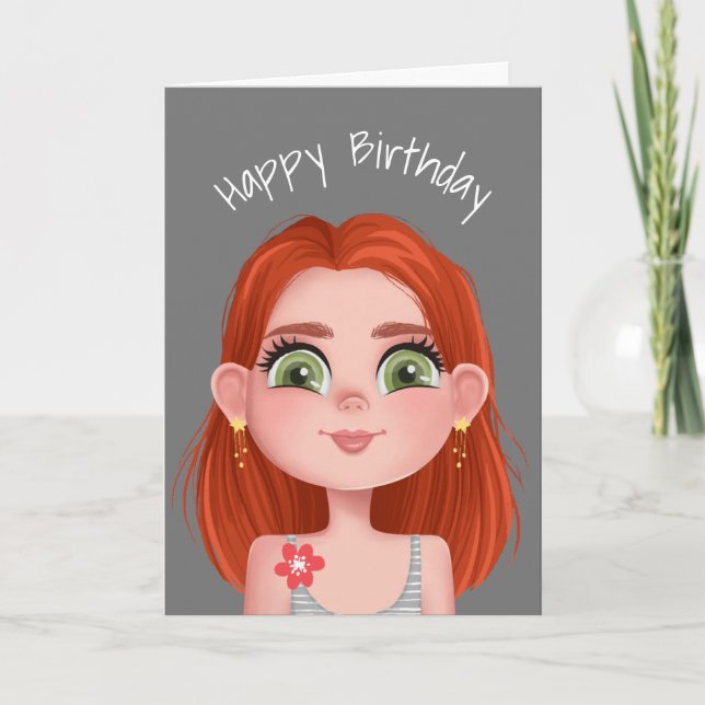 Carte Caricature Anniversaire Fille à tête rouge sur gri (Devant)
