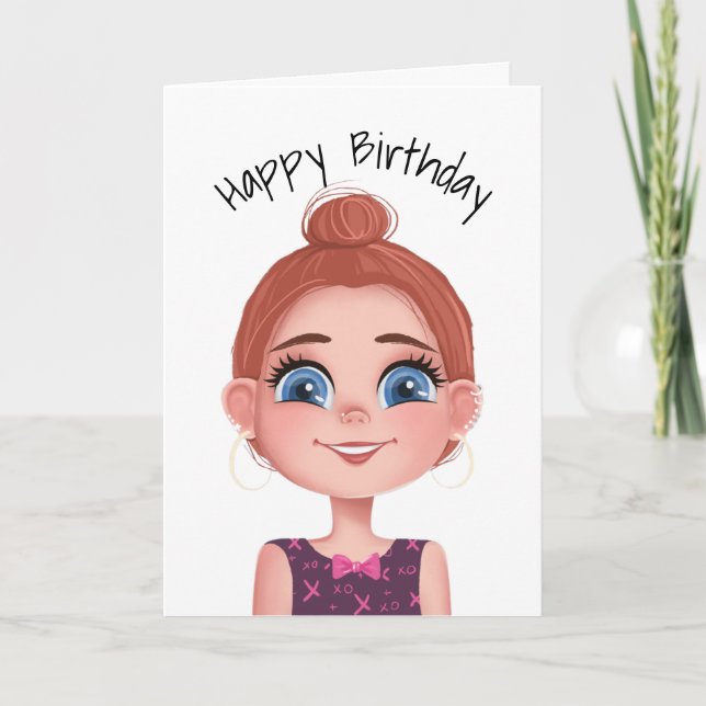 Carte Caricature Anniversaire Fille Aux Grands Yeux (Devant)
