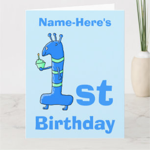 Carte Caricature de 1er anniversaire, en bleu. Nom perso