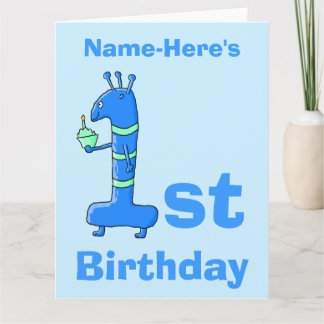 Carte Caricature de 1er anniversaire, en bleu. Nom perso
