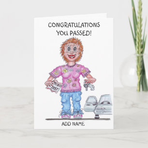 Carte Caricature de femme ayant réussi l'examen de condu