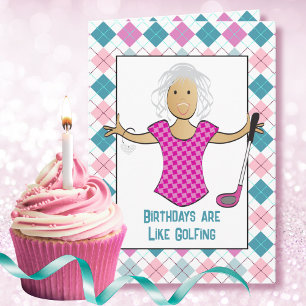 Carte Caricature Femme Golfer Drôle Dire Anniversaire Et