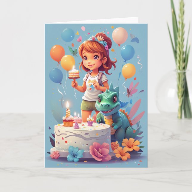 Carte Caricature fille avec gâteau d'anniversaire & dino (Devant)
