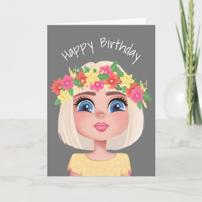 Carte Caricature Fleur d'anniversaire fille (Devant)