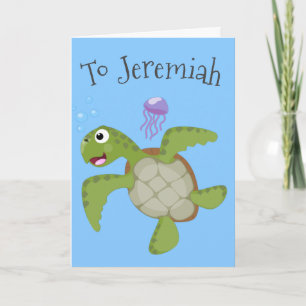 Carte Caricature joyeuse de tortue de mer verte mignonne