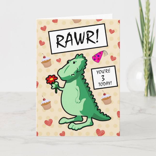 Carte Caricature mignonne Dinosaur Roar Joyeux 3ème anni (Devant)