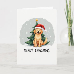 Carte Caricature mignonne Golden Retriever à Santa Hat