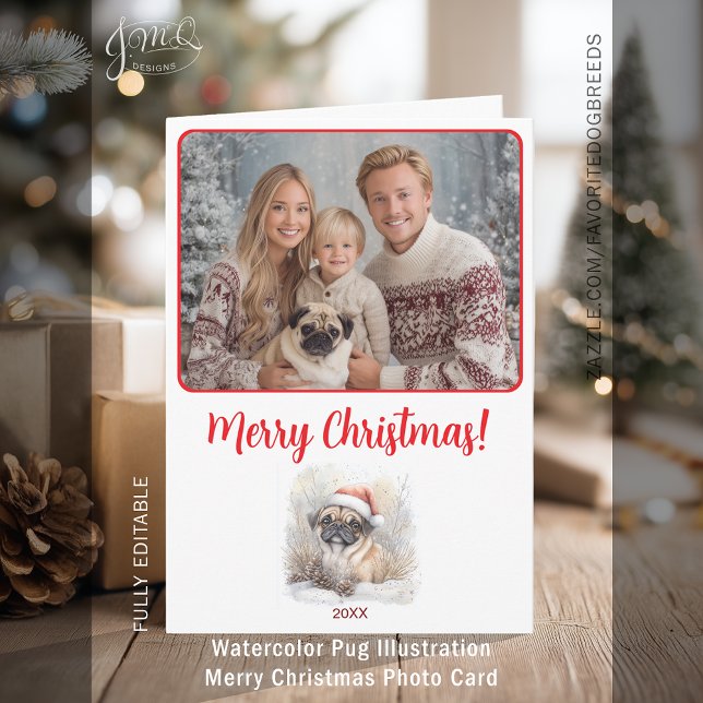 Carte Carlin aquarelle illustration Joyeux Noël photo (Watercolor Pug Illustration Merry Christmas Photo Card)