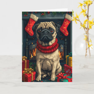 Carte Carlin chien avec cadeaux de Noël cheminée
