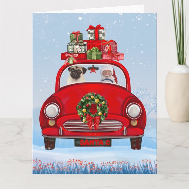 Carte Carlin Chien En Voiture Avec Le Père Noël (Devant)