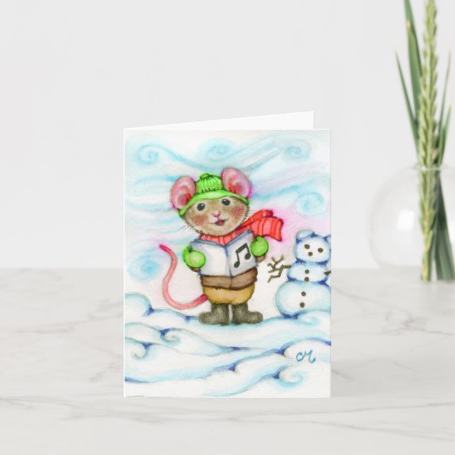 Carte Caroling Christmas Mouse mignonne Animal Grete Car (Devant)