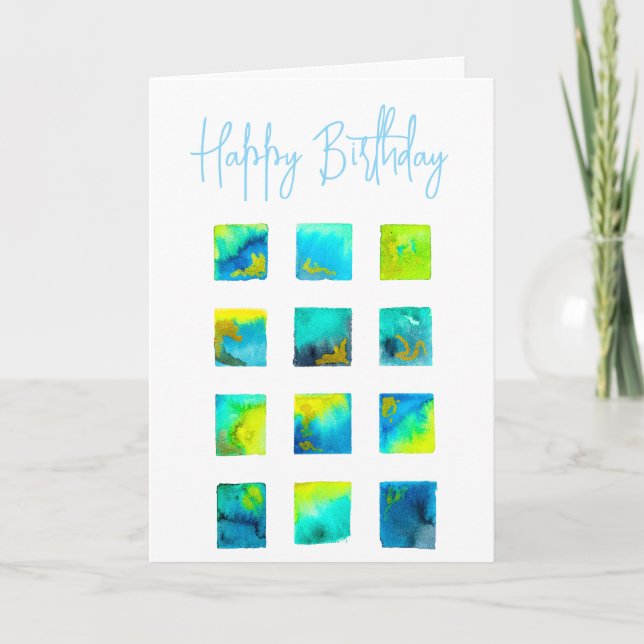 Carte carrés bleus et verts à l'aquarelle (Devant)