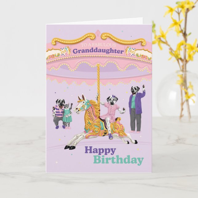 Carte Carrousel à cheval dalmate Grandgirl Anniversaire  (Fleur jaune)