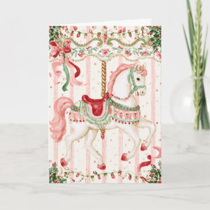 Carte Carrousel de Noël Cheval Rose Vert Noël