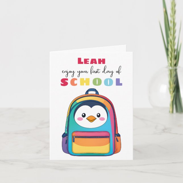 Carte Cartable Pingouin Premier Jour d'École Fils Fille (Devant)
