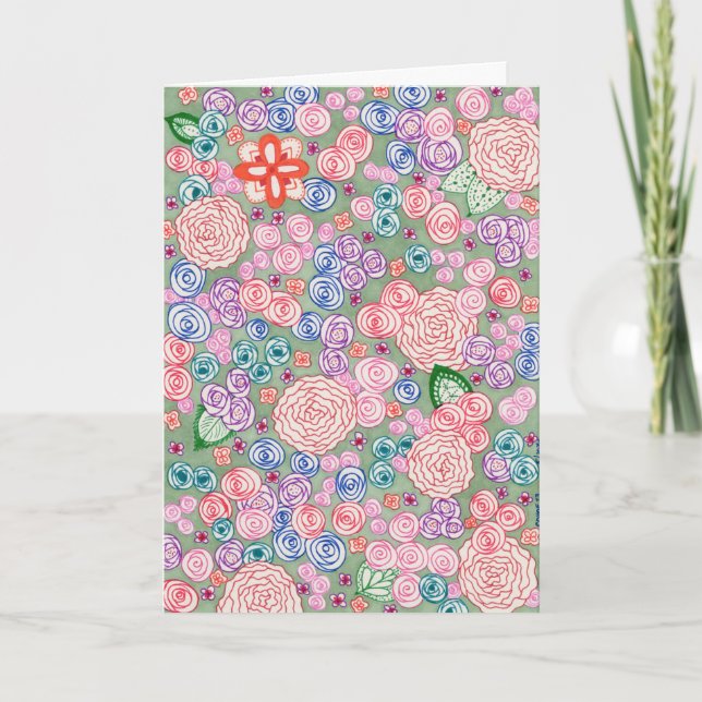 Carte Carte. Design "Roses Fond Vert" (Devant)