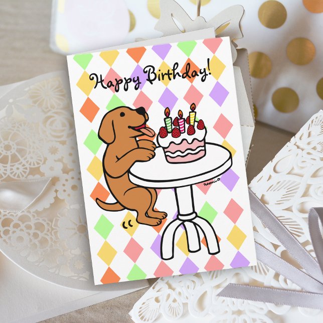 Carte Carton de l'Anniversaire Cake Fox Red Labrador (Birthday Cake Fox Red Labrador Cartoon Birthday Card with colorful background for dog lovers.)