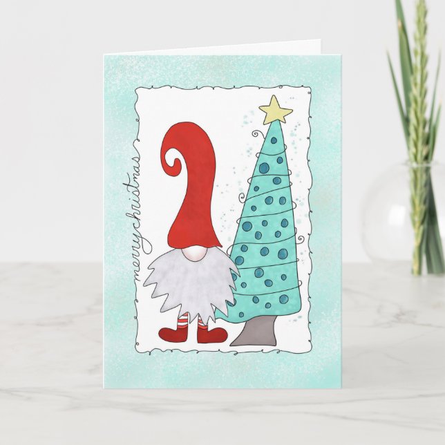 Carte Carton de Noël Gnome et Arbre de Noël (Devant)