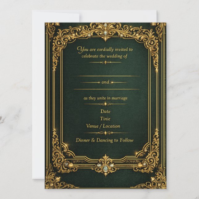 Carte Carton d'invitation de mariage royal en or et vert (Devant)