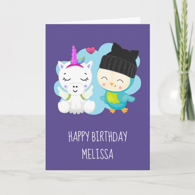 Carte Carton mignon Unicorn & Bird Anniversaire (Devant)
