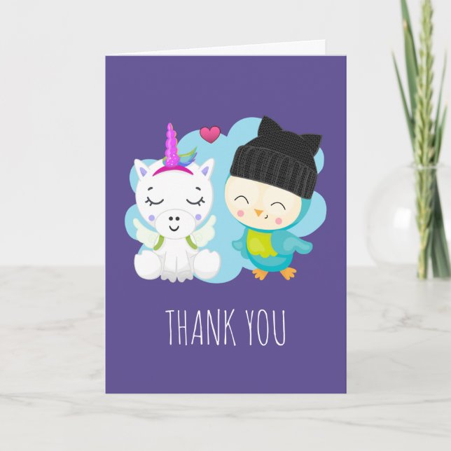 Carte Carton mignon Unicorne & Bird Pals Merci (Devant)
