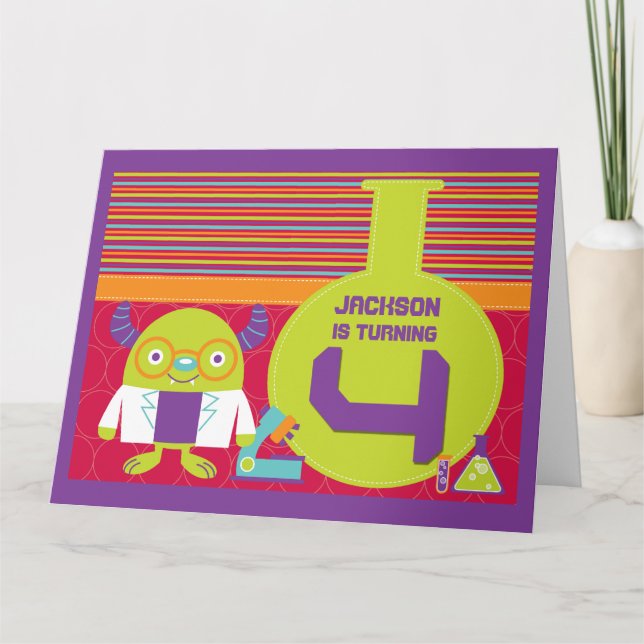 Carte Cartoon coloré Mad Scientist 4e anniversaire (Devant)