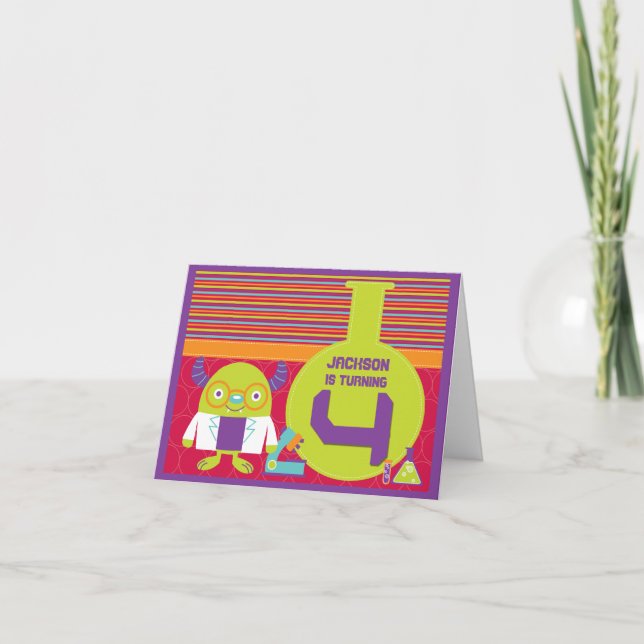 Carte Cartoon coloré Mad Scientist 4e anniversaire (Devant)