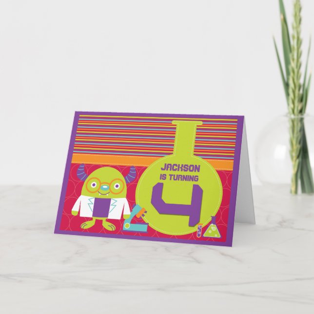 Carte Cartoon coloré Mad Scientist 4e anniversaire (Devant)