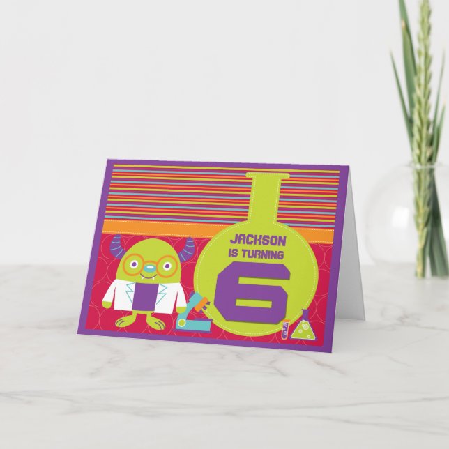 Carte Cartoon coloré Mad Scientist 6e anniversaire (Devant)