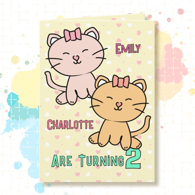 Carte Cartoon de chat mignon pour les 2 ans de jumelles  (Créateur téléchargé)