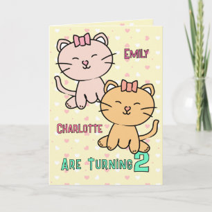Carte Cartoon de chat mignon pour les 2 ans de jumelles