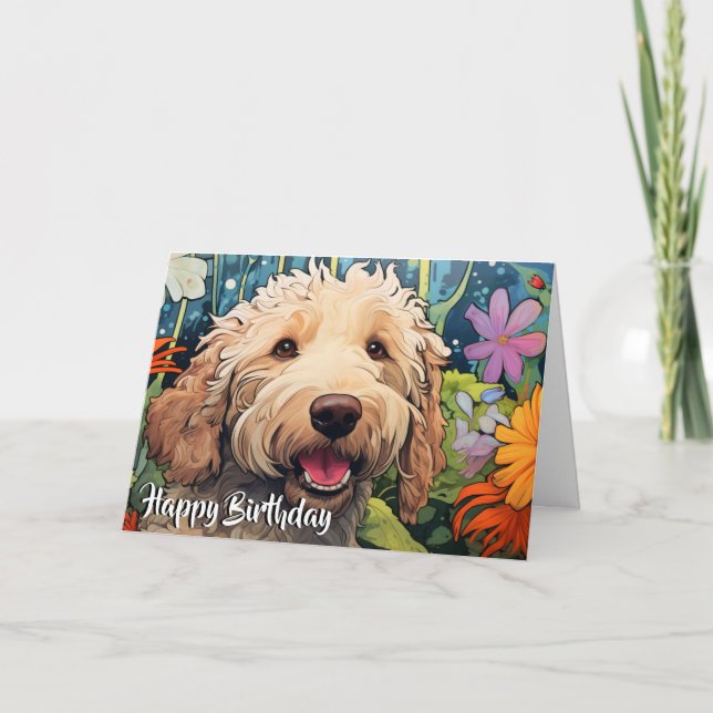 Carte Cartoon Goldendoodle dans un jardin personnalisé (Devant)