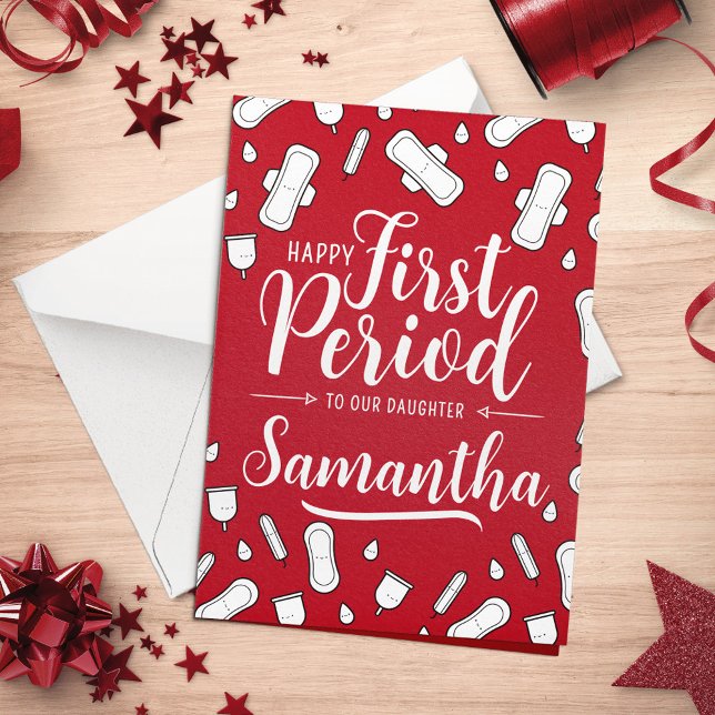 Carte Cartoon Pads Red Script Ado Girl Première période (Cartoon Pads Red Script Teen Girl First Period Card)